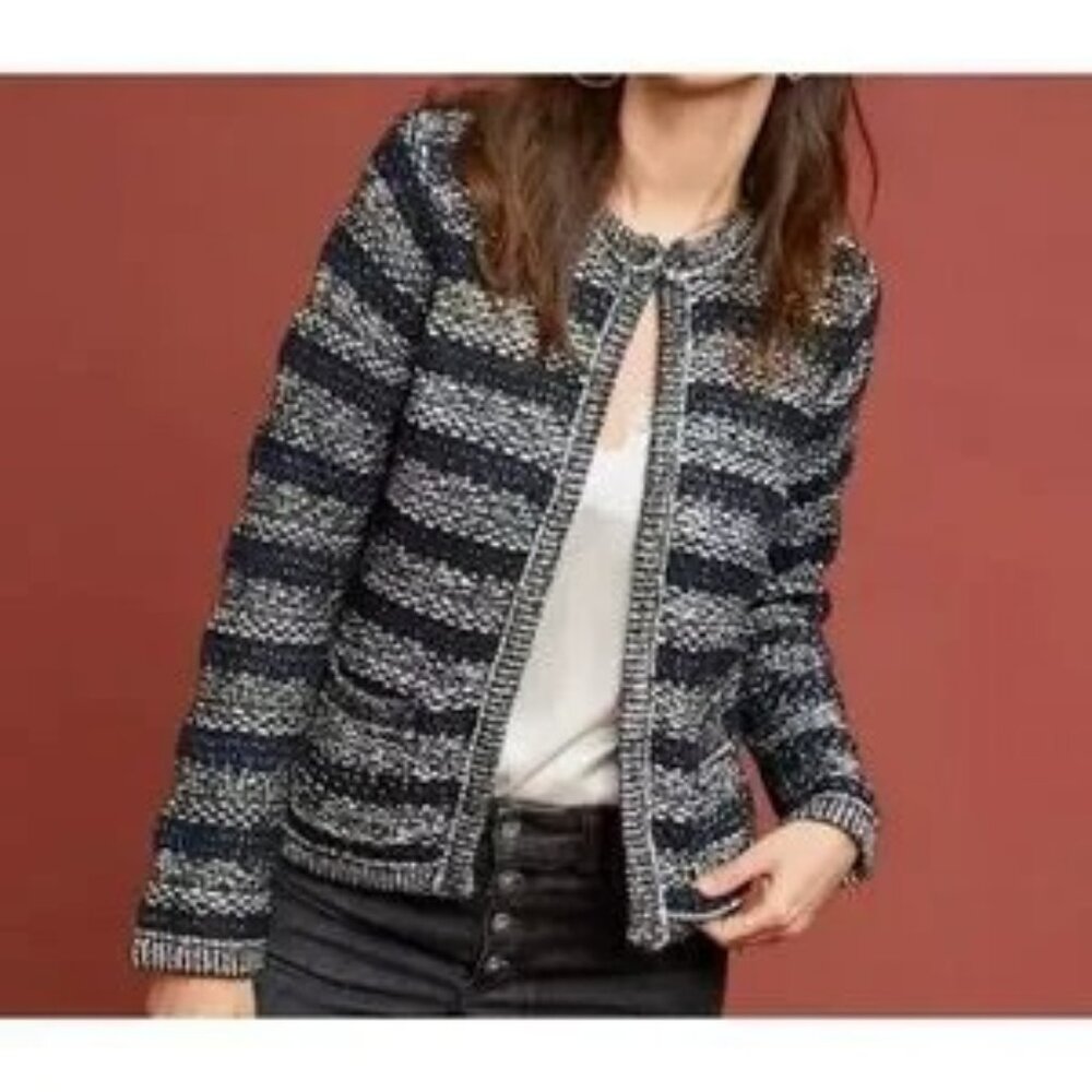 Anthropologie Moth Cardigan Sweater Mademoiselle Navy Boucle Chunky Knit LARGE